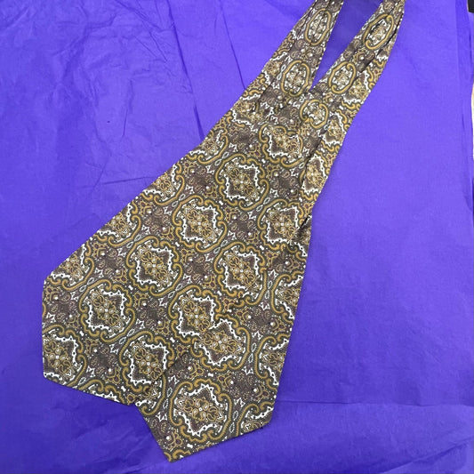 Vintage 1970s Gents Traditional Cotton Paisley Cravat in Gold, Brown, Green on a White Background - Sustainable Fashion and Gift
