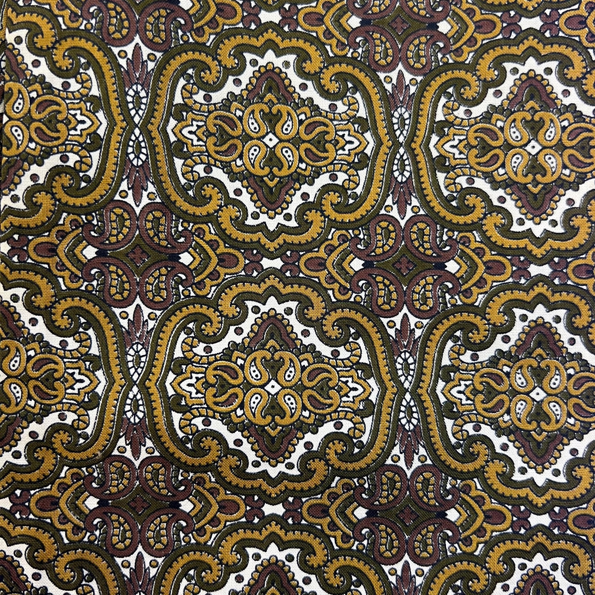 Vintage 1970s Gents Traditional Cotton Paisley Cravat in Gold, Brown, Green on a White Background - Sustainable Fashion and Gift