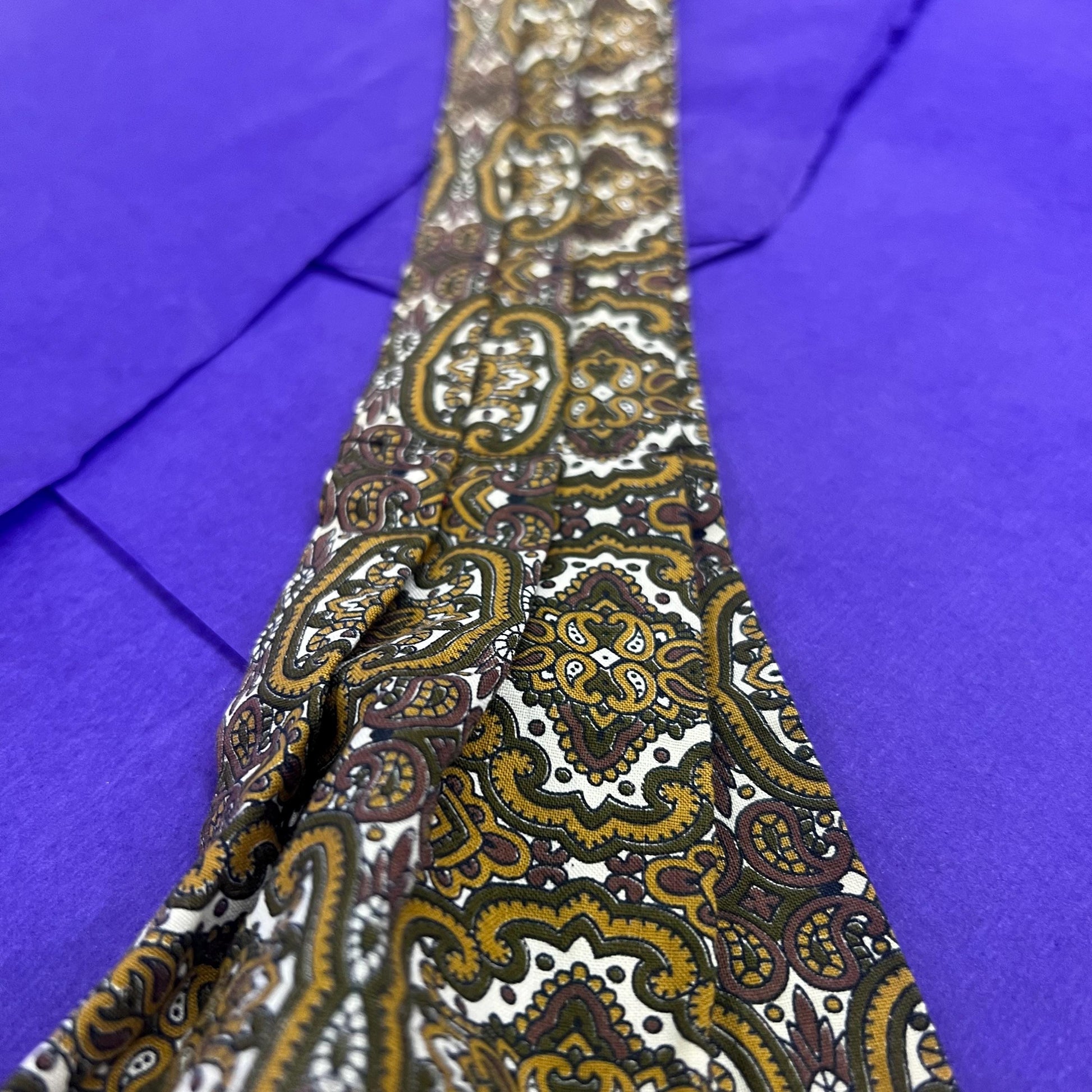 Vintage 1970s Gents Traditional Cotton Paisley Cravat in Gold, Brown, Green on a White Background - Sustainable Fashion and Gift