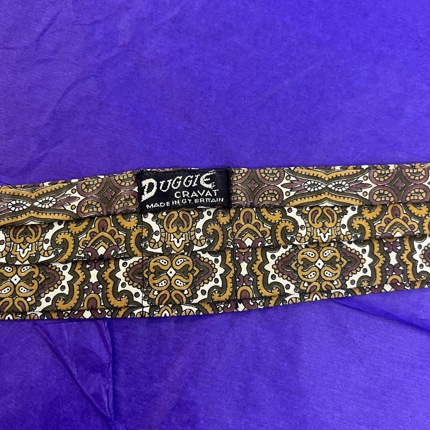 Vintage 1970s Gents Traditional Cotton Paisley Cravat in Gold, Brown, Green on a White Background - Sustainable Fashion and Gift