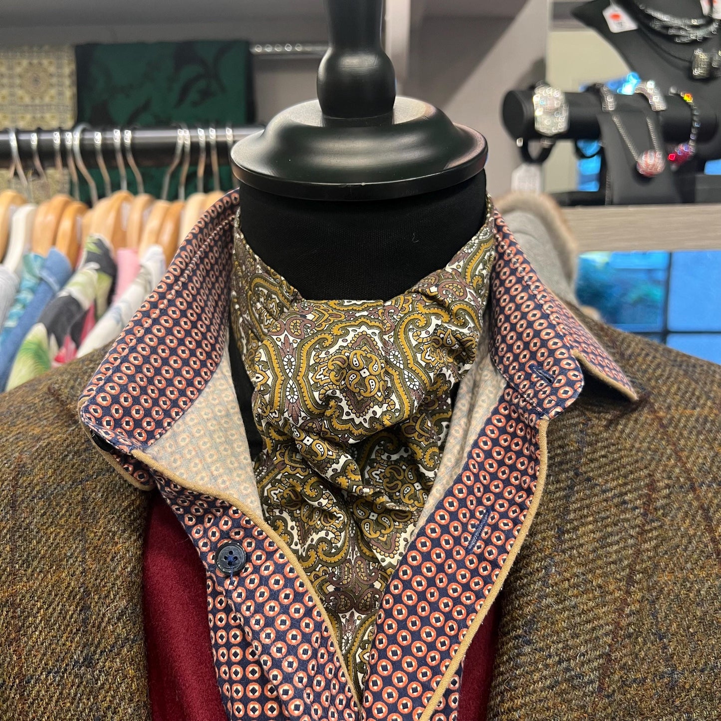 Vintage 1970s Gents Traditional Cotton Paisley Cravat in Gold, Brown, Green on a White Background - Sustainable Fashion and Gift