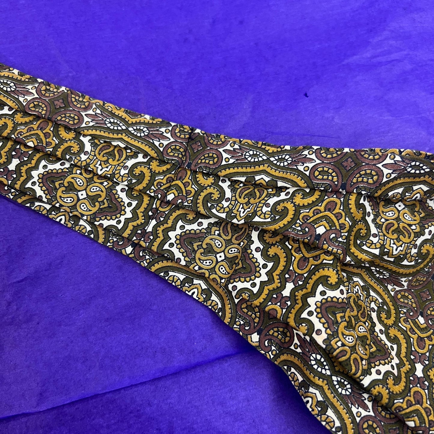 Vintage 1970s Gents Traditional Cotton Paisley Cravat in Gold, Brown, Green on a White Background - Sustainable Fashion and Gift