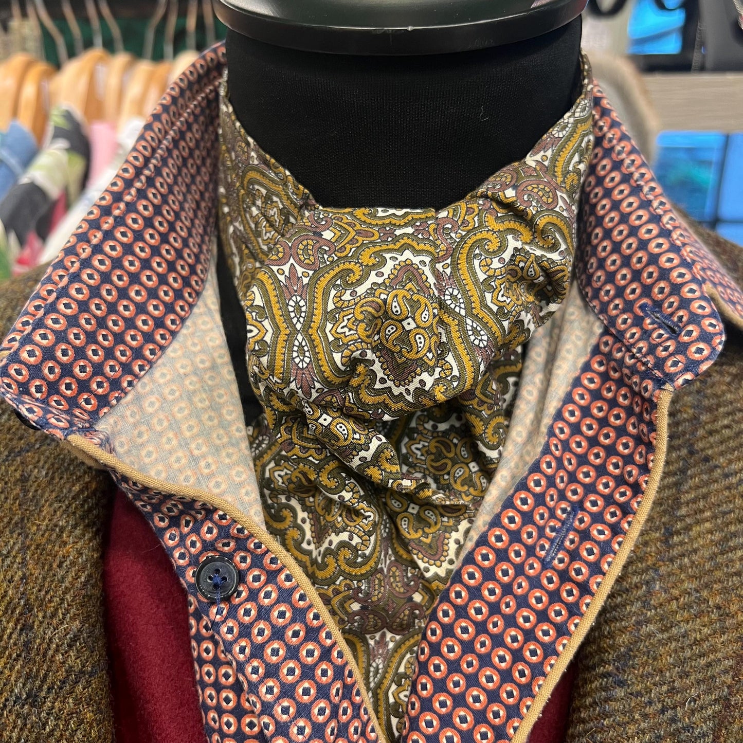 Vintage 1970s Gents Traditional Cotton Paisley Cravat in Gold, Brown, Green on a White Background - Sustainable Fashion and Gift
