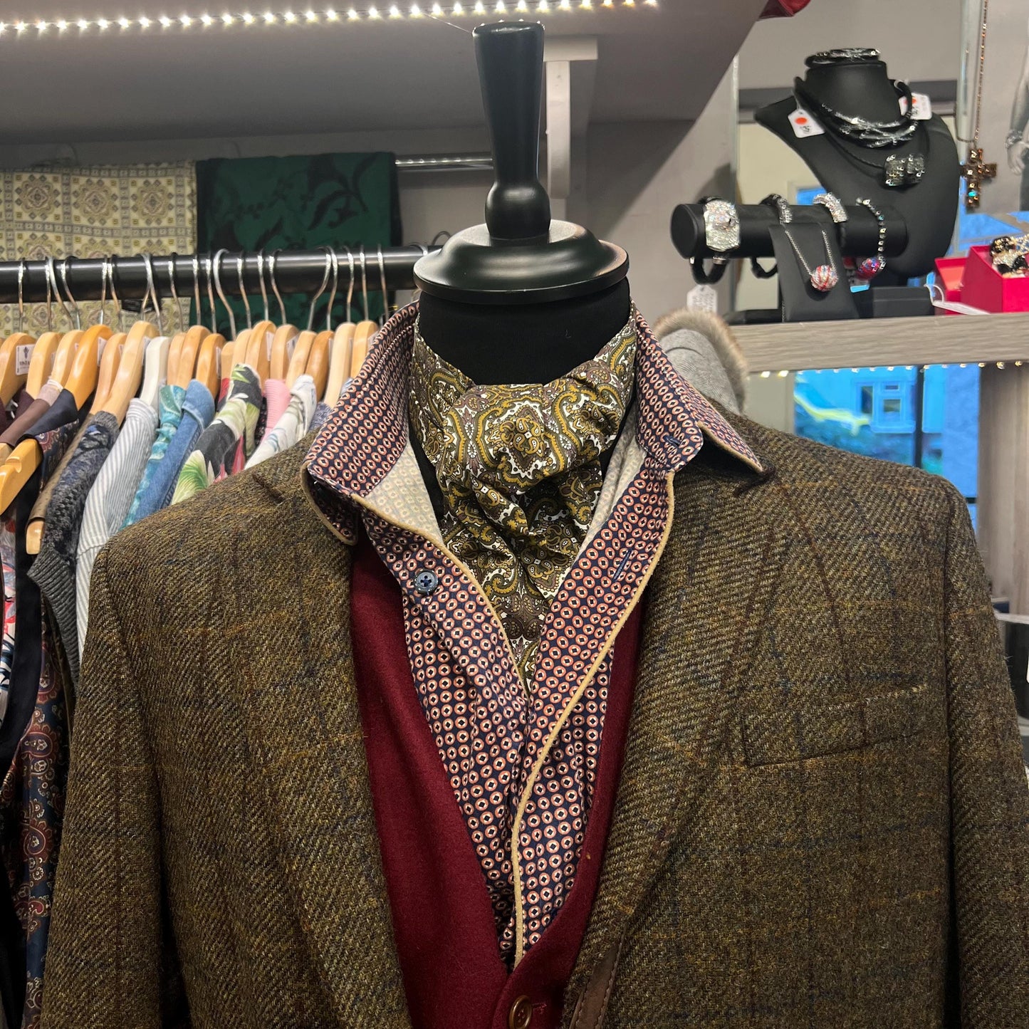 Vintage 1970s Gents Traditional Cotton Paisley Cravat in Gold, Brown, Green on a White Background - Sustainable Fashion and Gift