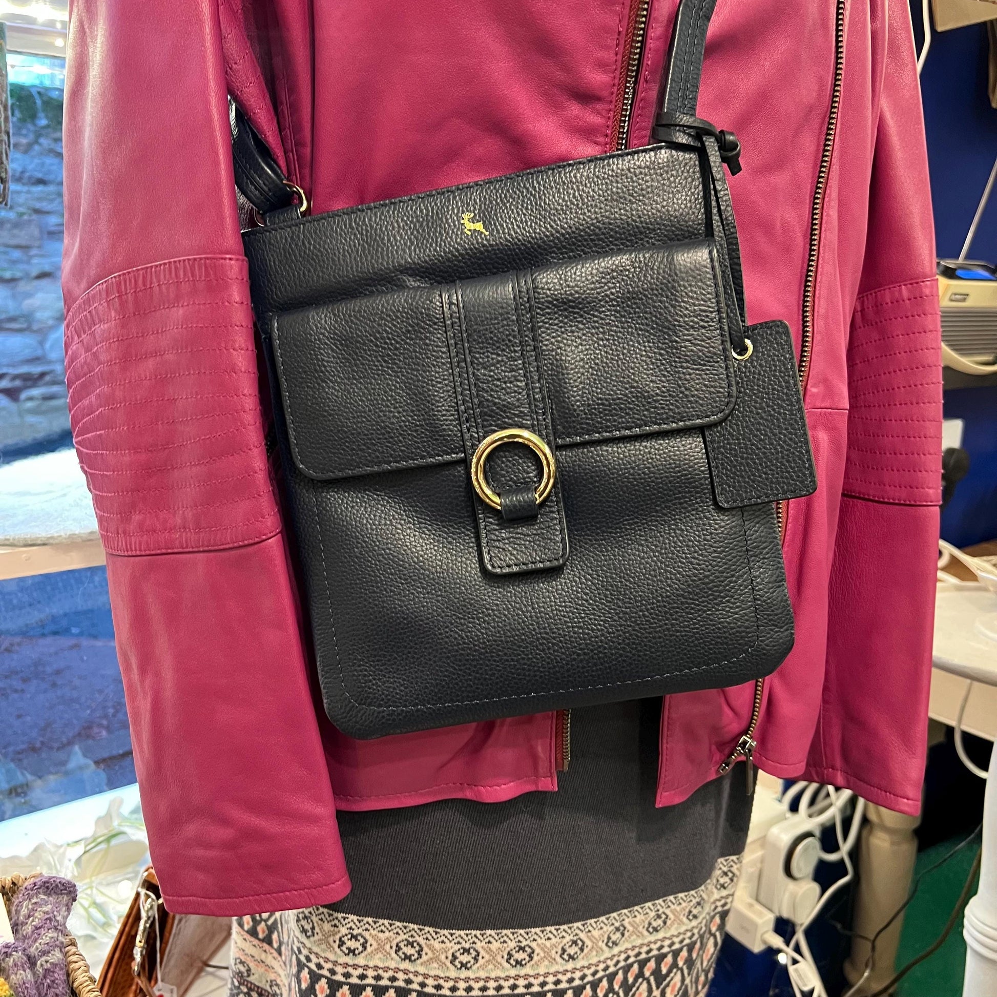 Vintage Ashwood Navy Blue Textured Leather Crossbody / Shoulder Bag - Sustainable Fashion and Gift