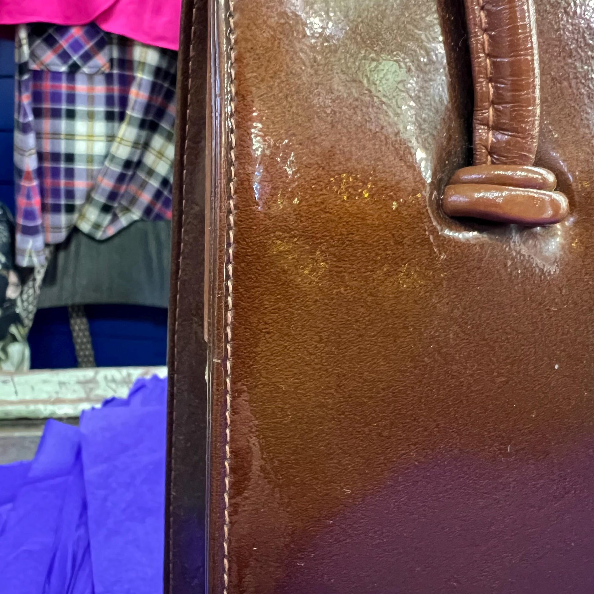 Vintage 1960s Large Chestnut Brown Patent Leather Kelly Style Bag by WALDYBAG, in original box. Sustainable Fashion and Gift