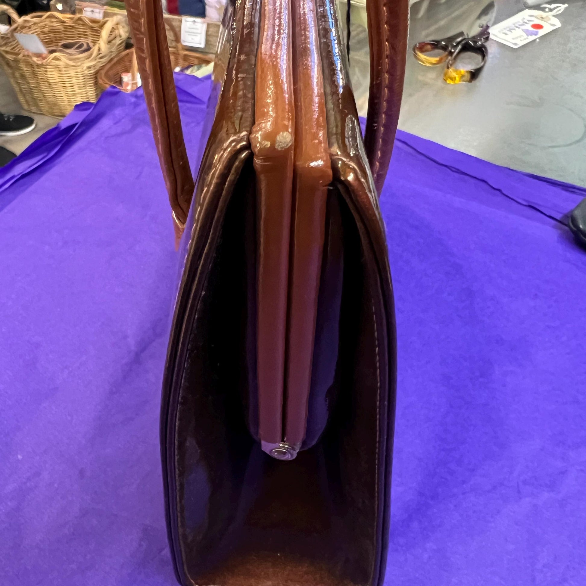 Vintage 1960s Large Chestnut Brown Patent Leather Kelly Style Bag by WALDYBAG, in original box. Sustainable Fashion and Gift