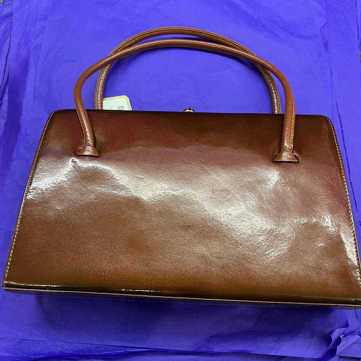 Vintage 1960s Large Chestnut Brown Patent Leather Kelly Style Bag by WALDYBAG, in original box. Sustainable Fashion and Gift