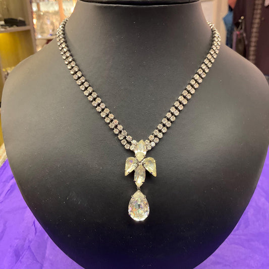 Vintage 1950s Art Deco Style Silver Crystal Drop Necklace, rhinestone crystals with statement pendant style drop