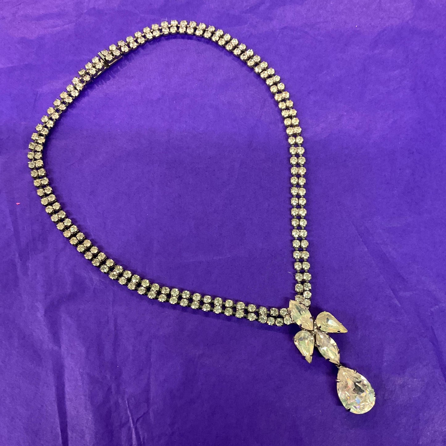 Vintage 1950s Art Deco Style Silver Crystal Drop Necklace, rhinestone crystals with statement pendant style drop