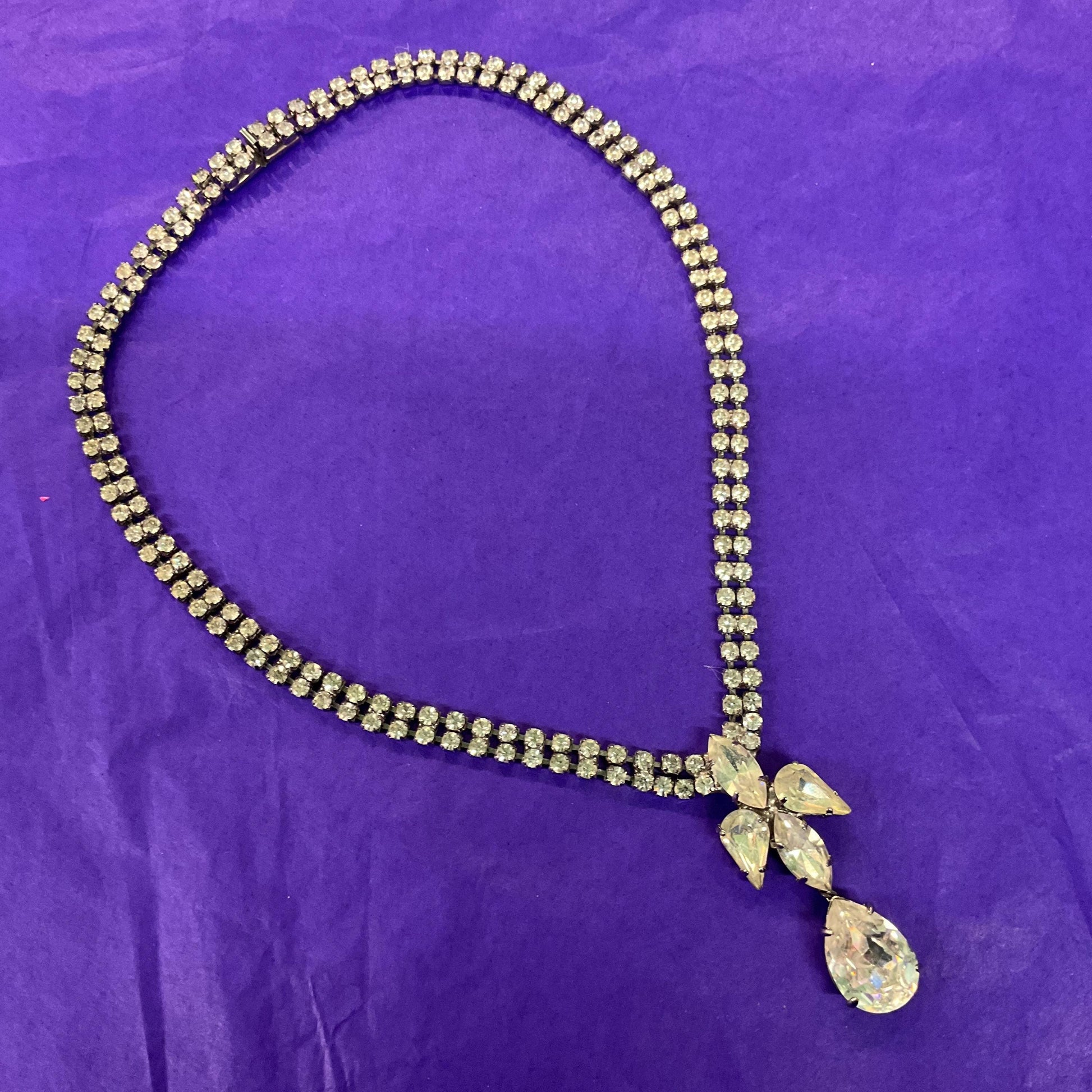 Vintage 1950s Art Deco Style Silver Crystal Drop Necklace, rhinestone crystals with statement pendant style drop