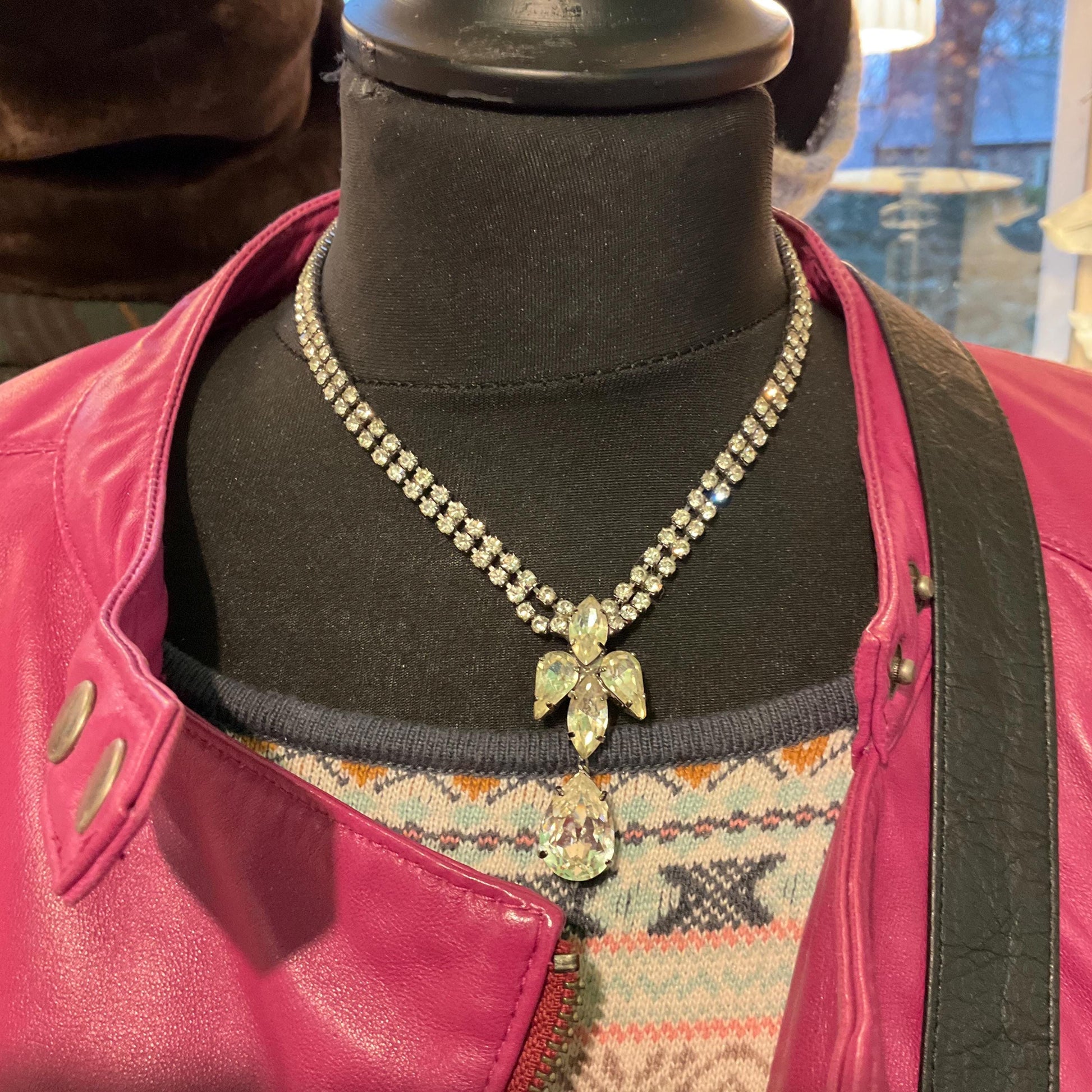 Vintage 1950s Art Deco Style Silver Crystal Drop Necklace, rhinestone crystals with statement pendant style drop