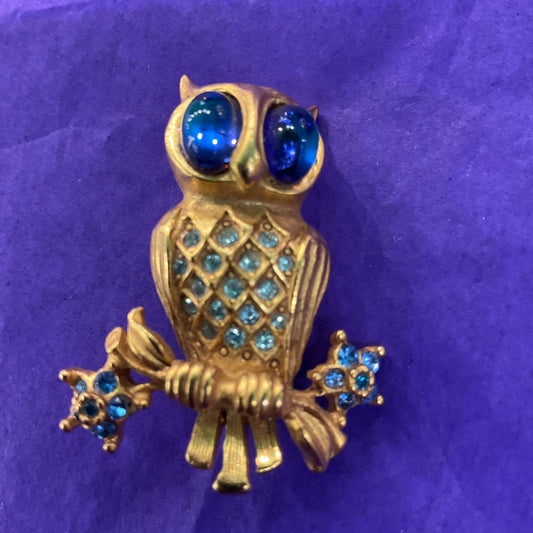 Vintage Butler and Wilson Crystal Owl Brooch, Gold Tone with iridescent blue rhinestones