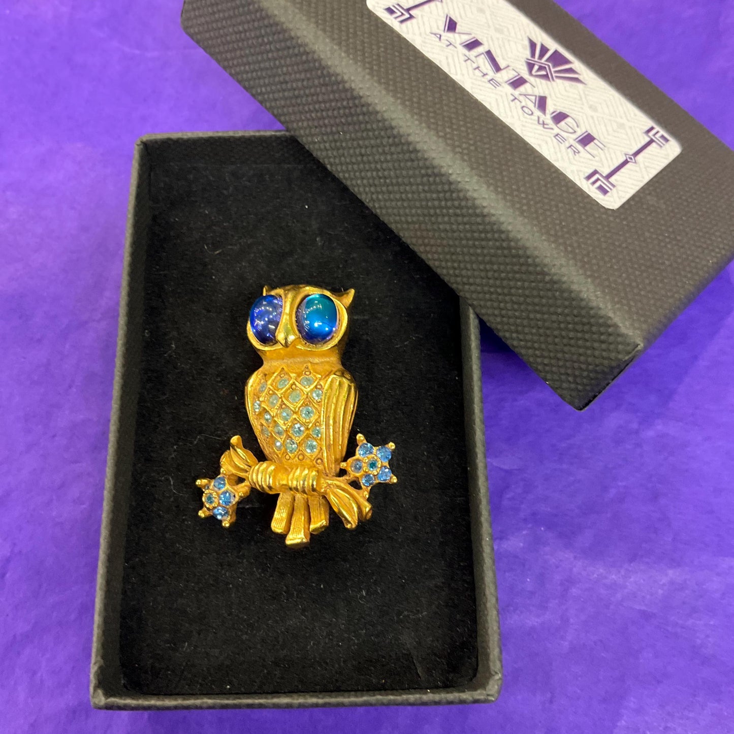 Vintage Butler and Wilson Crystal Owl Brooch, Gold Tone with iridescent blue rhinestones