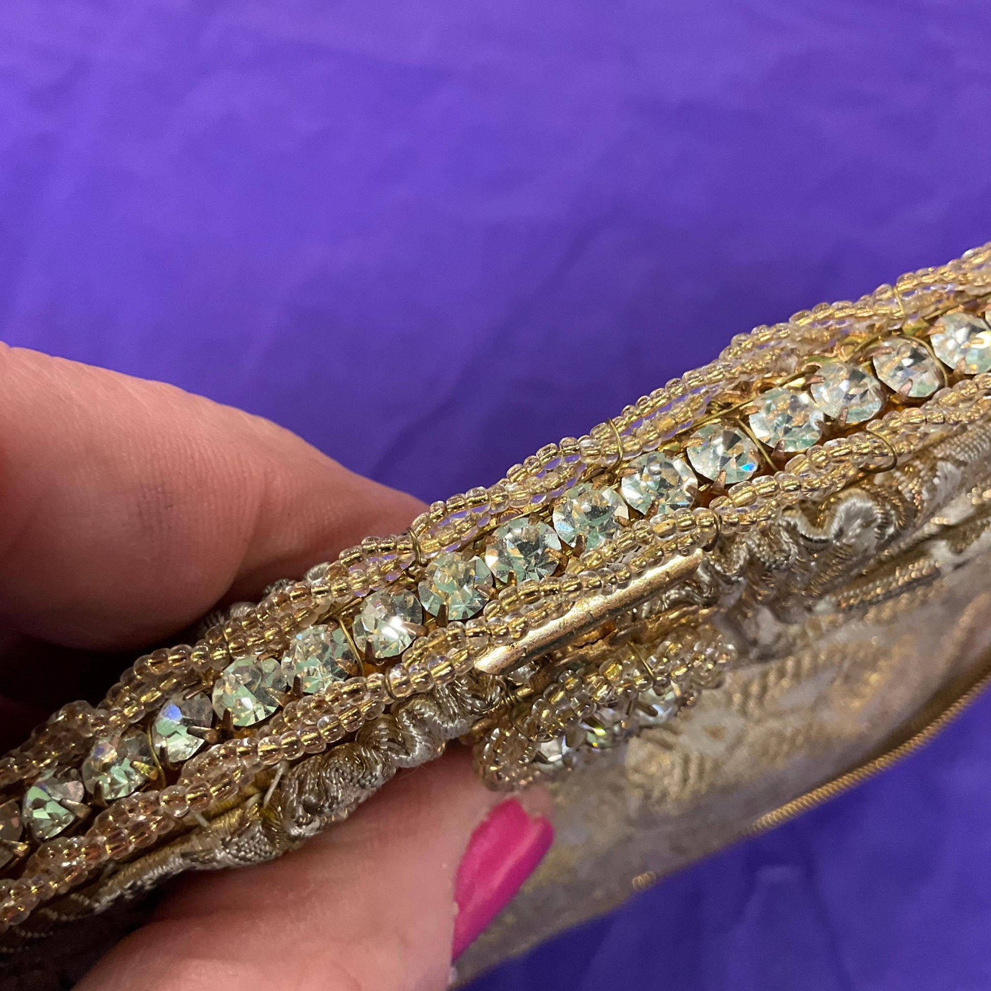 Vintage 1930s/40s French Gold and Ivory Brocade Evening Bag with Silver crystals