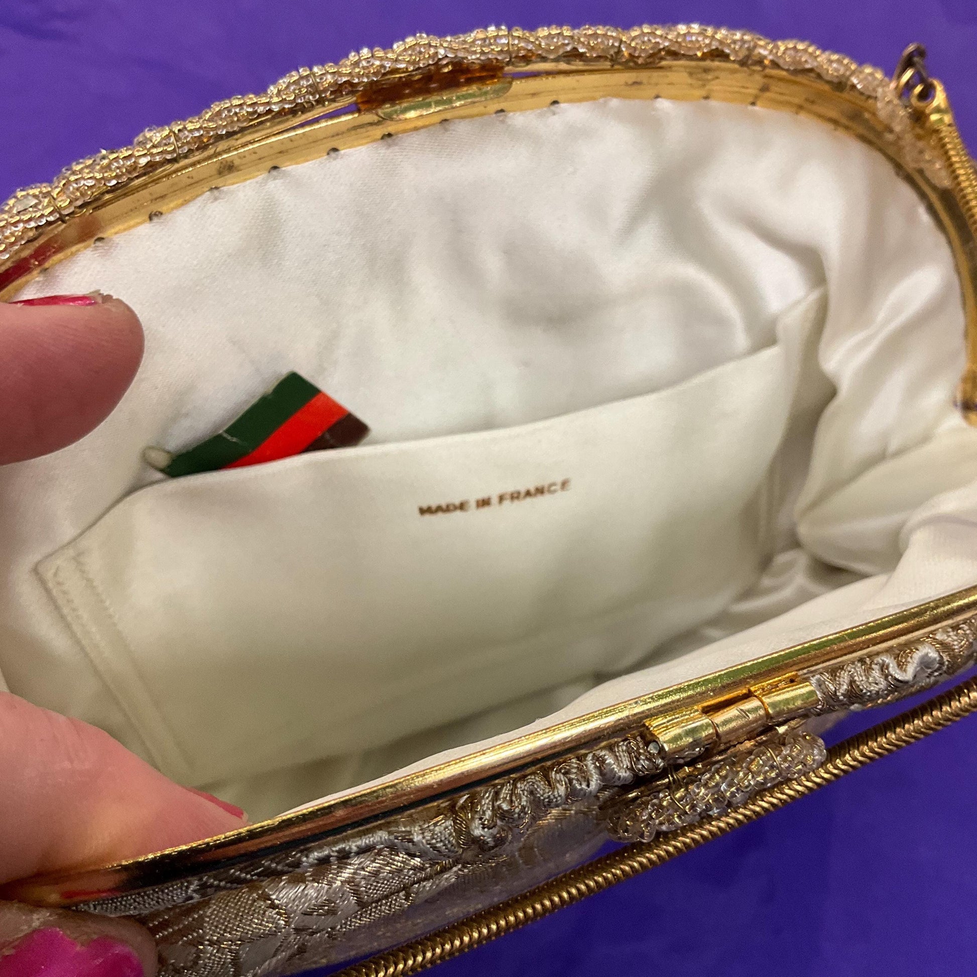Vintage 1930s/40s French Gold and Ivory Brocade Evening Bag with Silver crystals