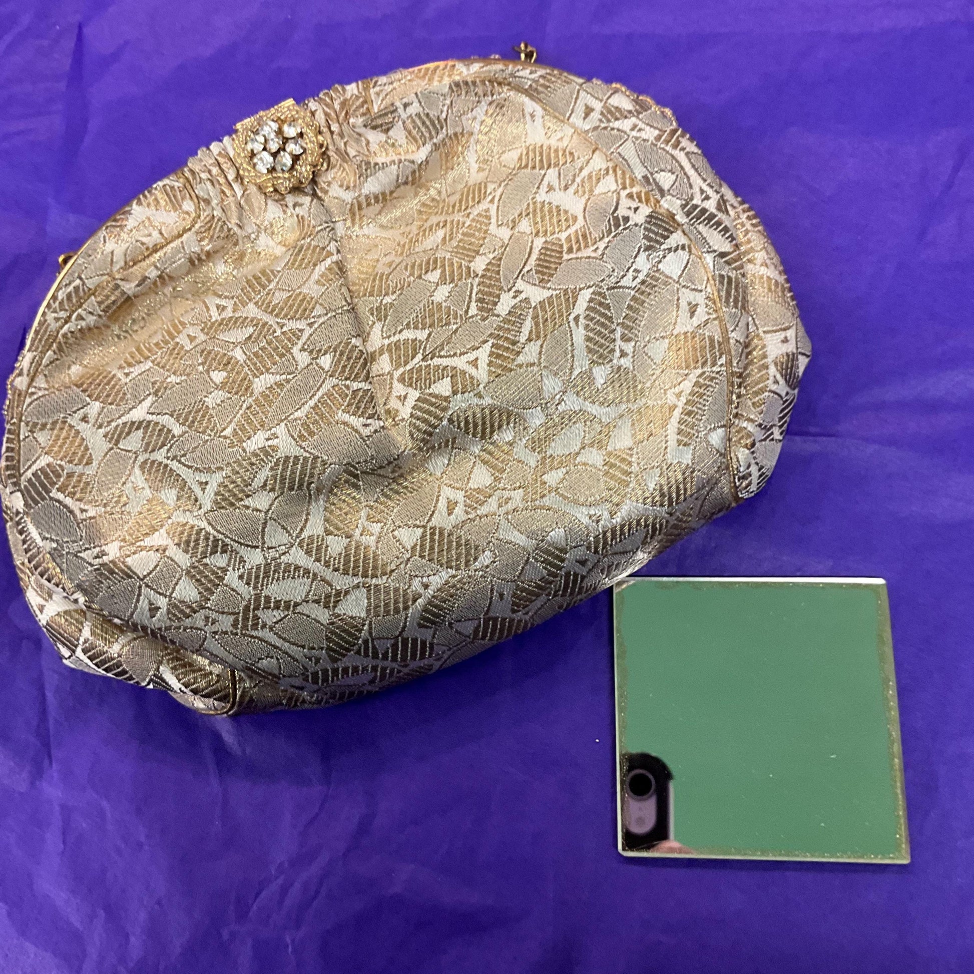 Vintage 1930s/40s French Gold and Ivory Brocade Evening Bag with Silver crystals