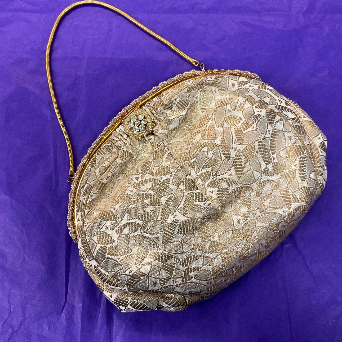 Vintage 1930s/40s French Gold and Ivory Brocade Evening Bag with Silver crystals