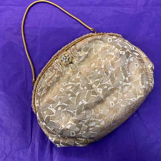 Vintage 1930s/40s French Gold and Ivory Brocade Evening Bag with Silver crystals