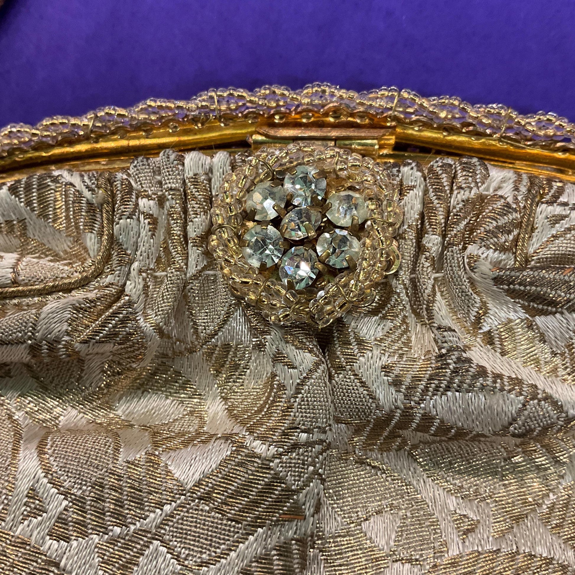 Vintage 1930s/40s French Gold and Ivory Brocade Evening Bag with Silver crystals