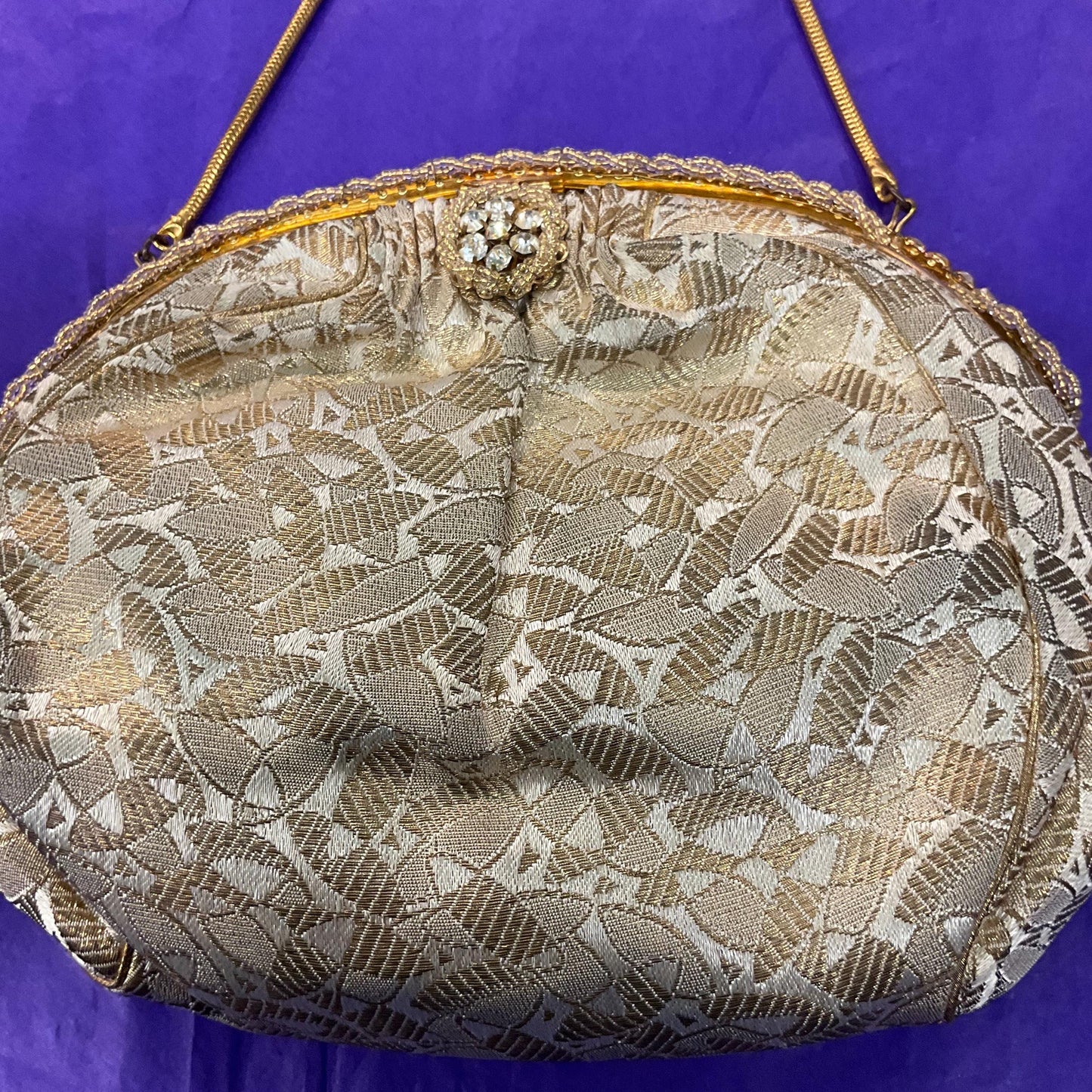 Vintage 1930s/40s French Gold and Ivory Brocade Evening Bag with Silver crystals