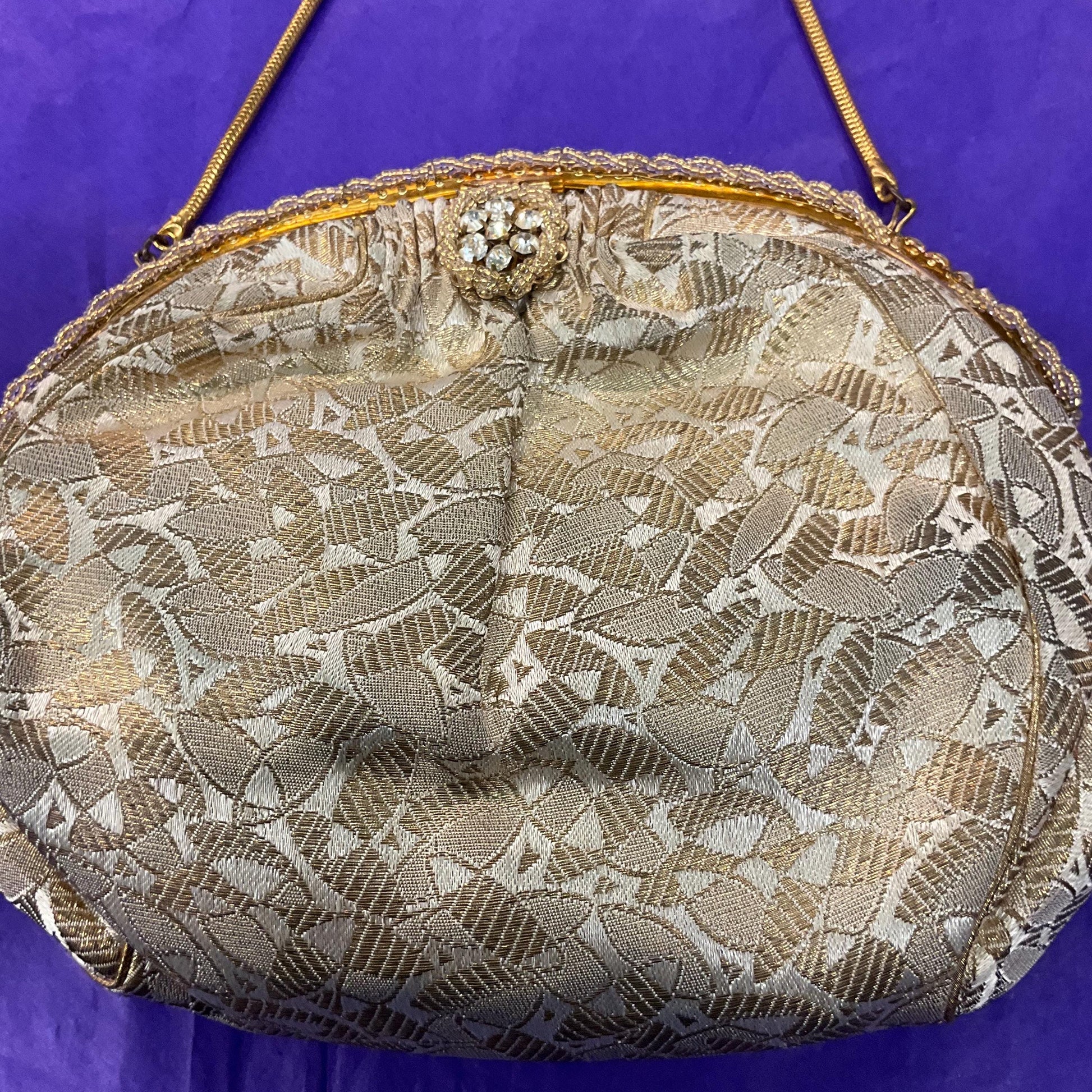 Vintage 1930s/40s French Gold and Ivory Brocade Evening Bag with Silver crystals