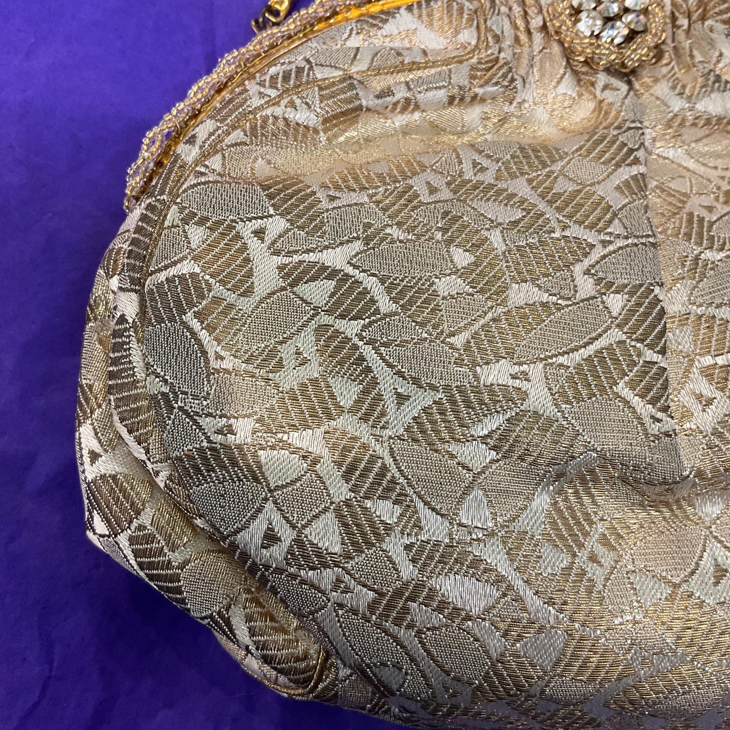 Vintage 1930s/40s French Gold and Ivory Brocade Evening Bag with Silver crystals