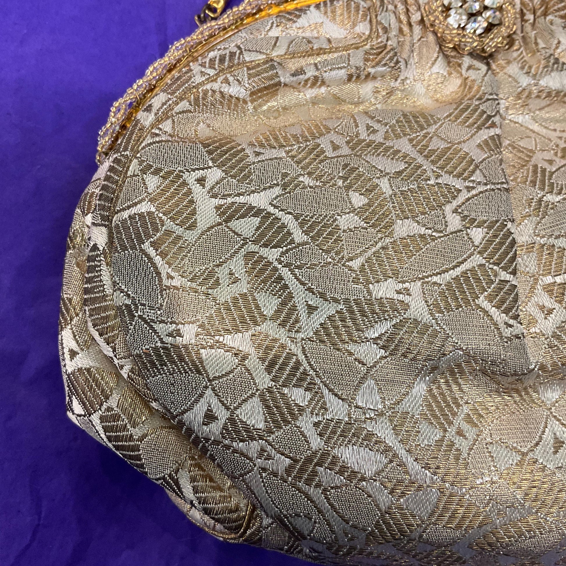 Vintage 1930s/40s French Gold and Ivory Brocade Evening Bag with Silver crystals