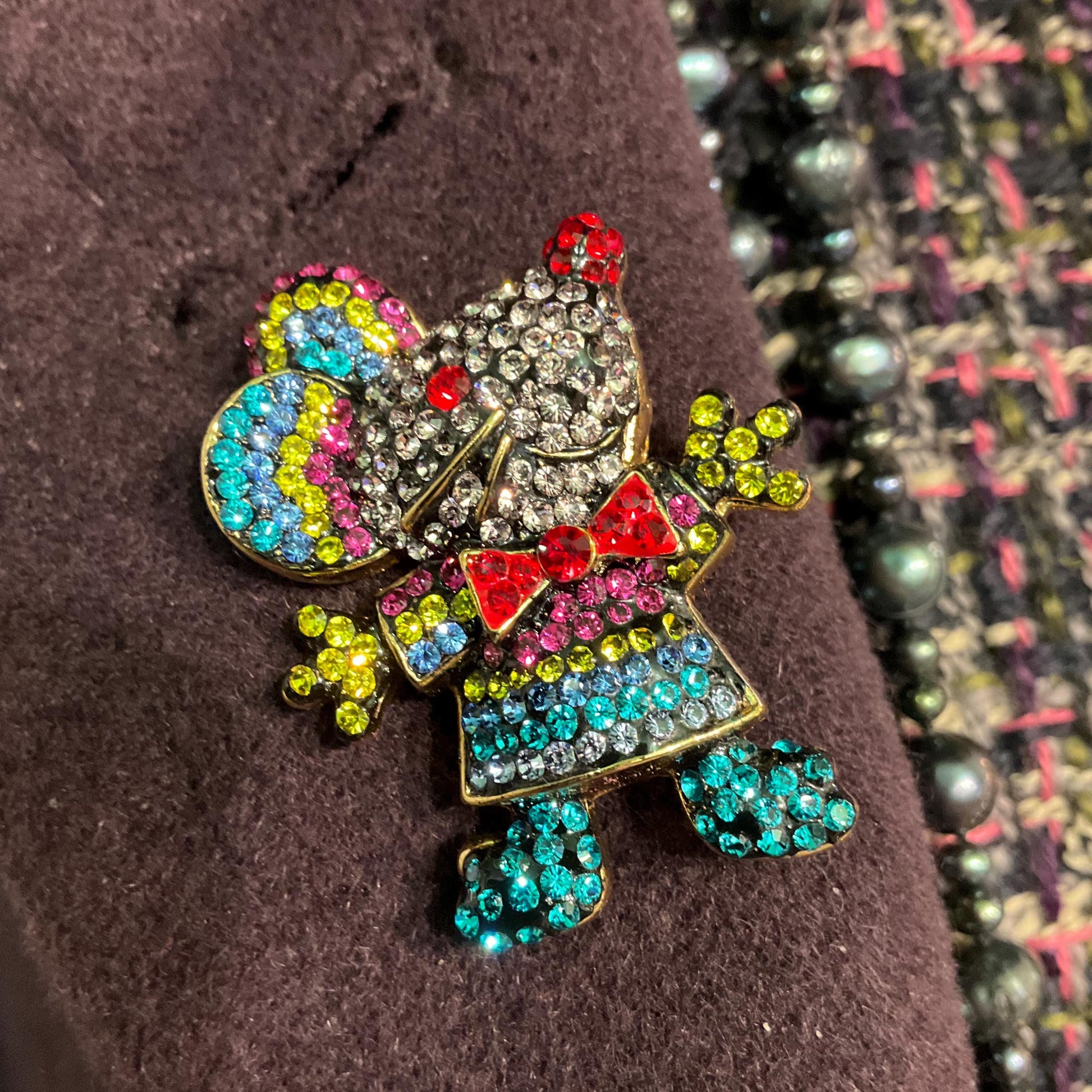 Vintage Butler and Wilson Rainbow Crystal Mouse Brooch, Gold tone with vibrant multicoloured rhinestones