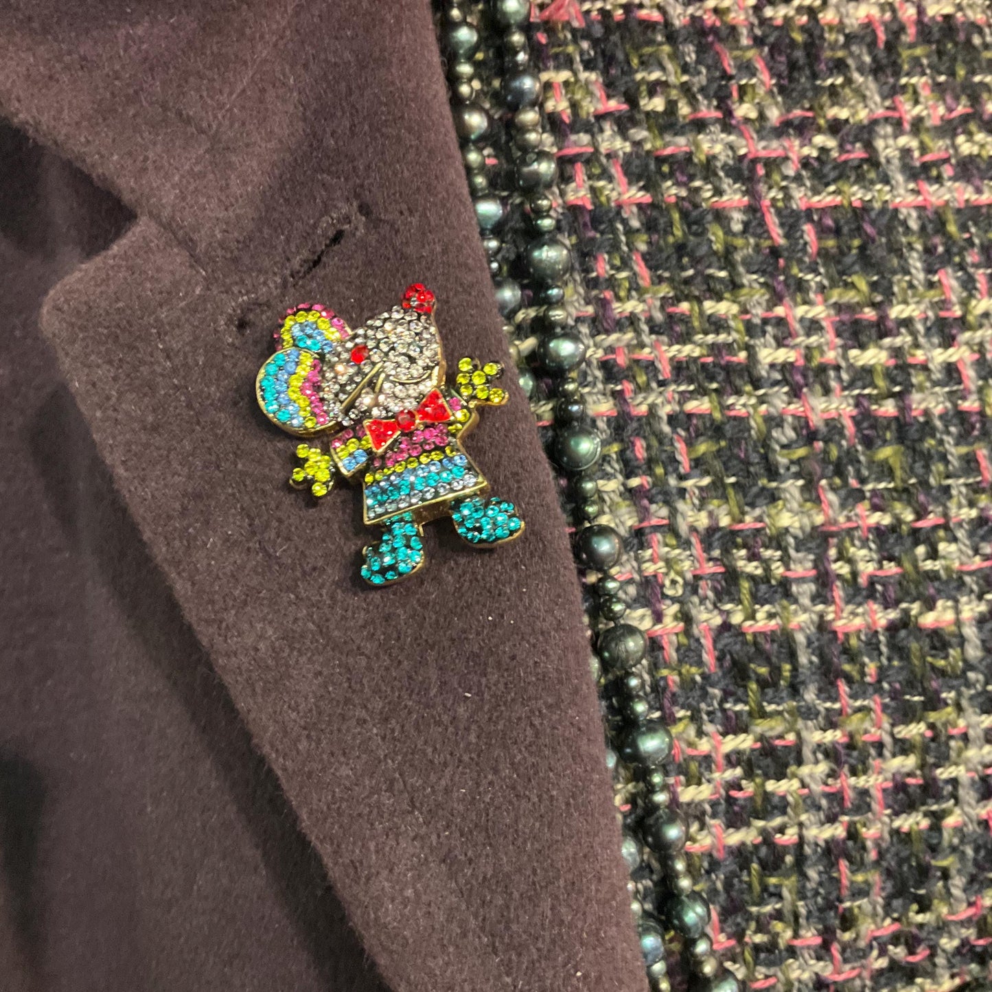 Vintage Butler and Wilson Rainbow Crystal Mouse Brooch, Gold tone with vibrant multicoloured rhinestones