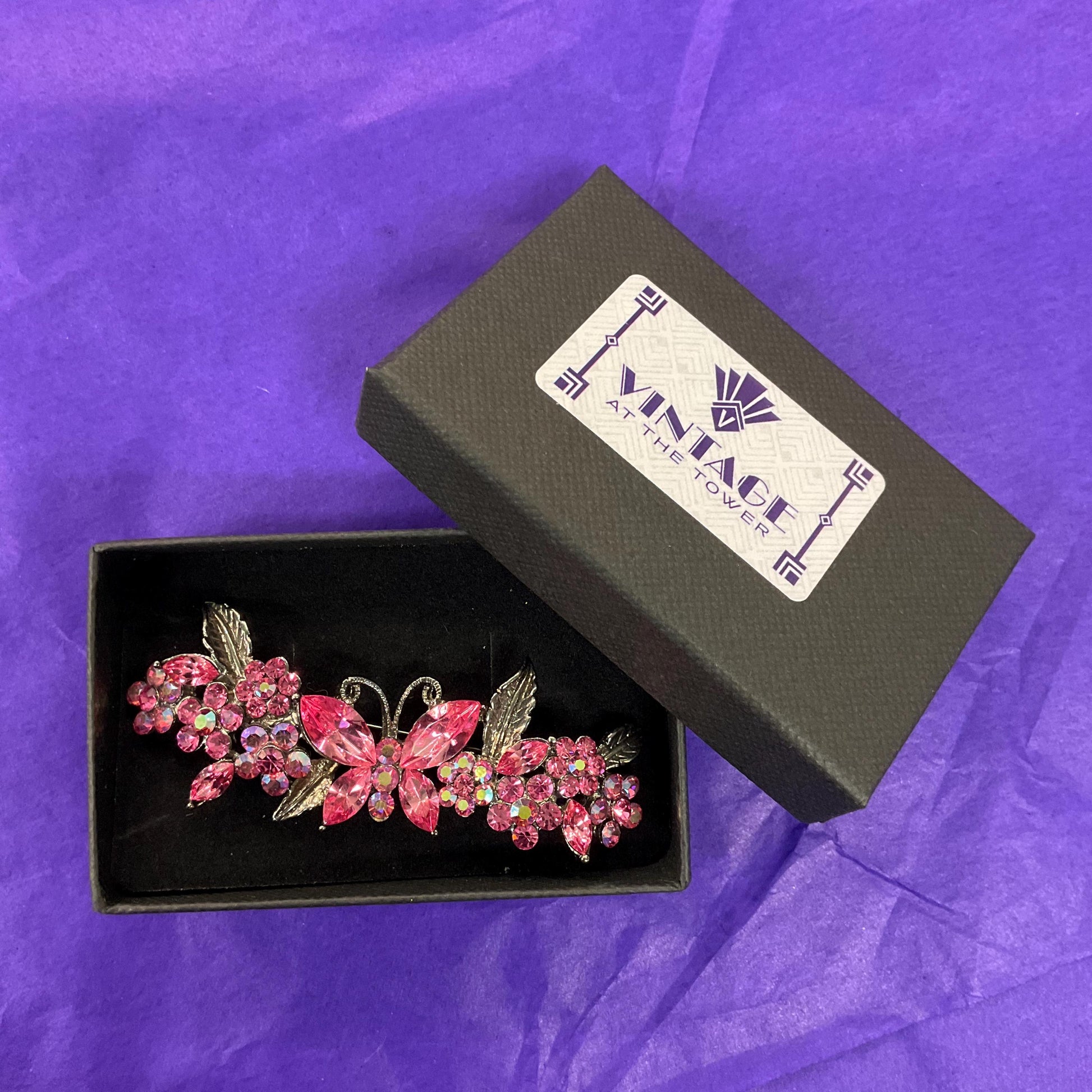 Vintage Butler and Wilson Pink Crystal Butterfly and Flwers Bar Brooch, Pewter tone with pink and Borealis Rhinestones