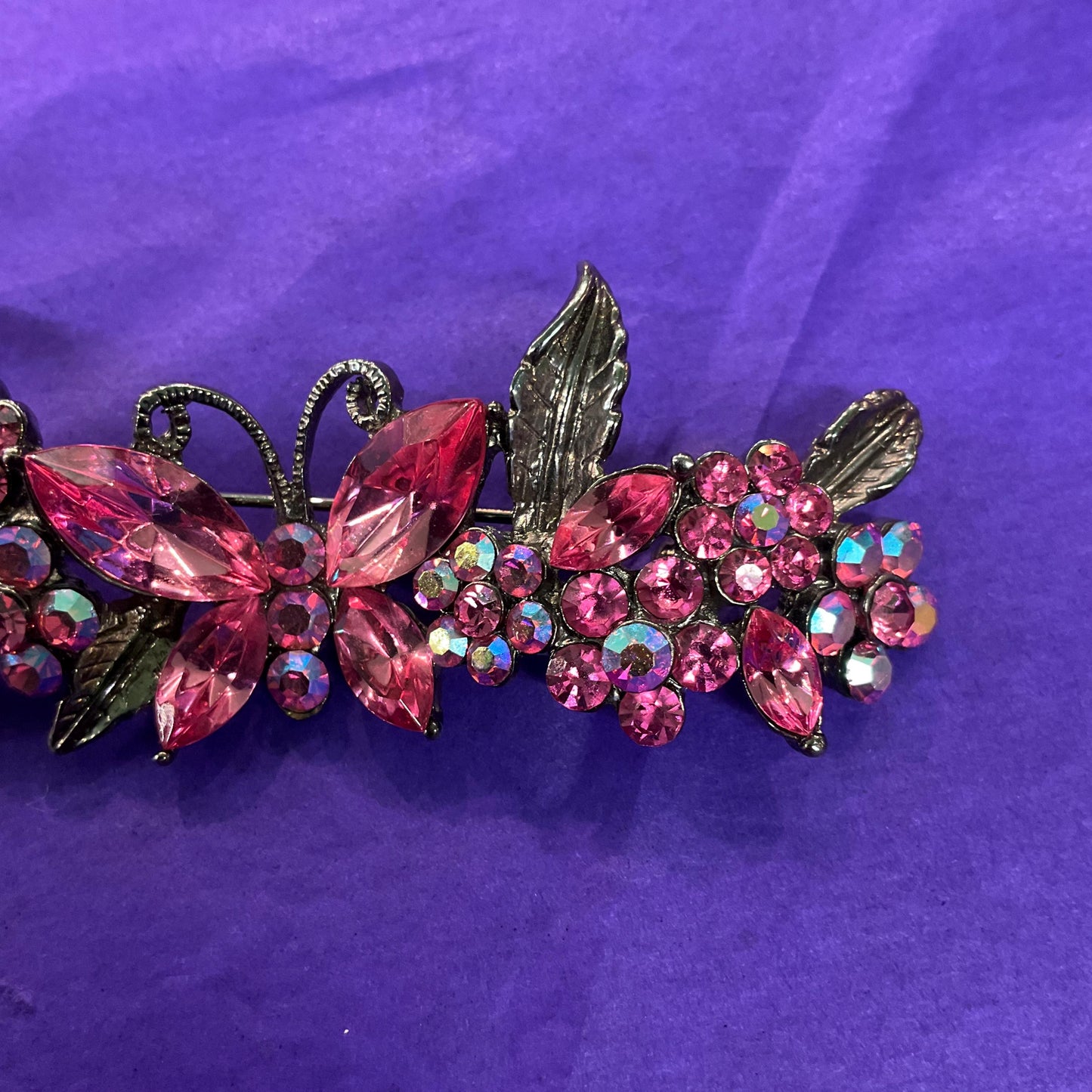 Vintage Butler and Wilson Pink Crystal Butterfly and Flwers Bar Brooch, Pewter tone with pink and Borealis Rhinestones