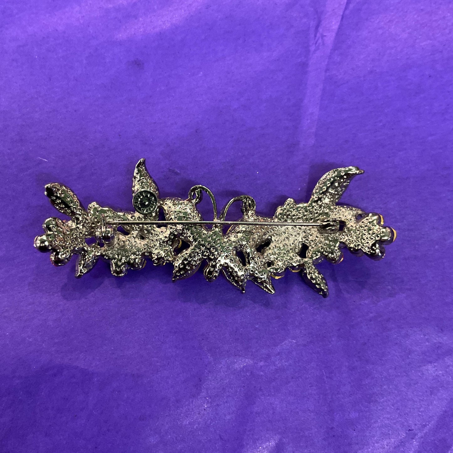 Vintage Butler and Wilson Pink Crystal Butterfly and Flwers Bar Brooch, Pewter tone with pink and Borealis Rhinestones