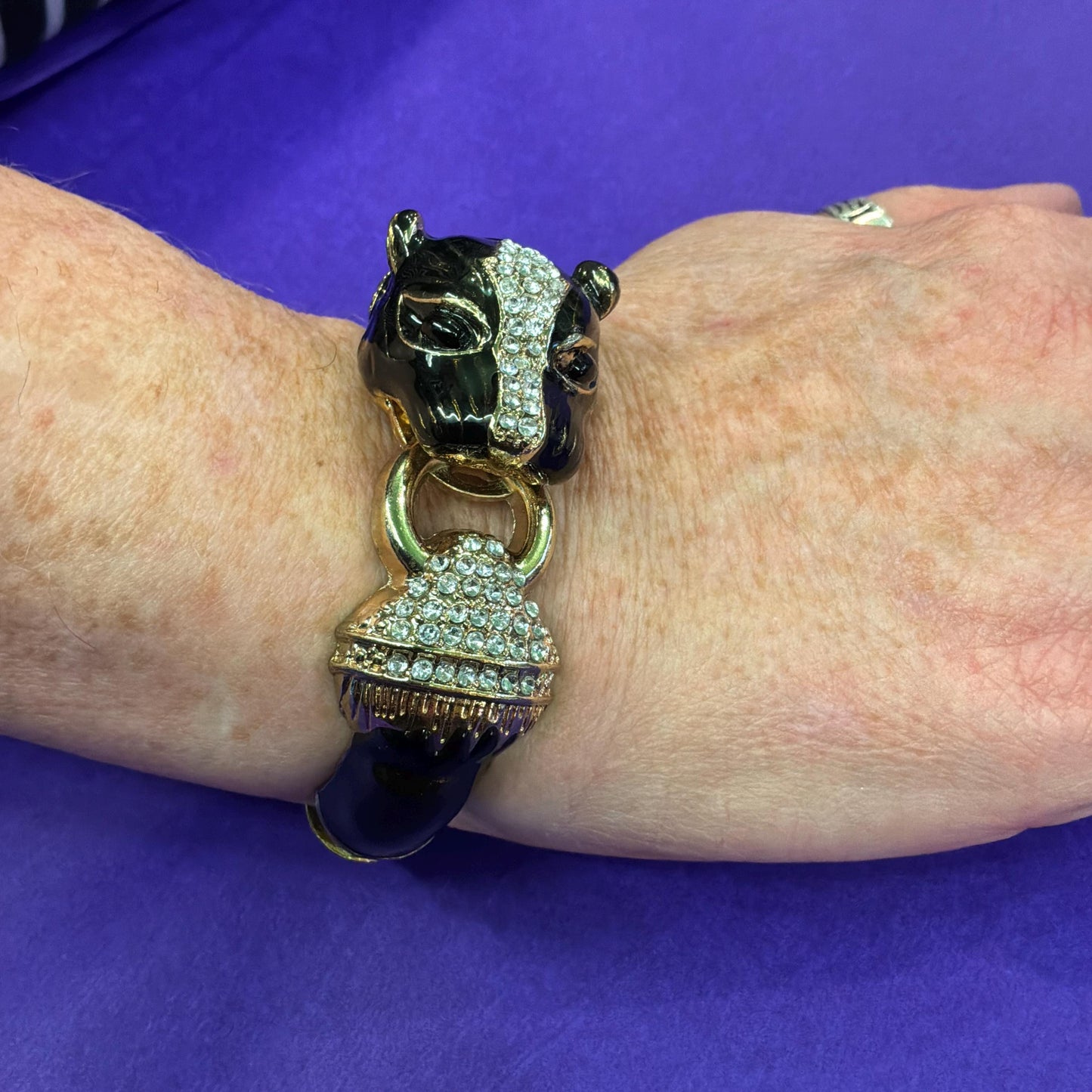 Vintage 1980s Statement Crystal Big Cat Panther Bangle, Gold Tone with Black Enamel and SIlver Rhinestones