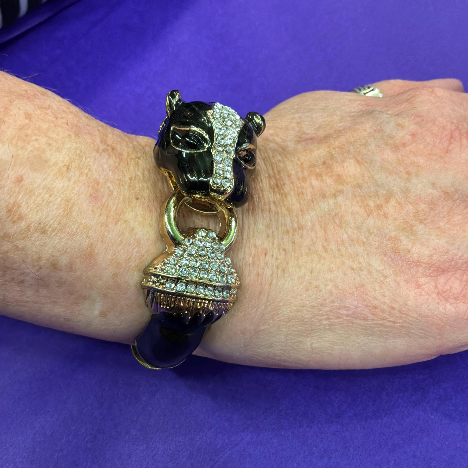 Vintage 1980s Statement Crystal Big Cat Panther Bangle, Gold Tone with Black Enamel and SIlver Rhinestones