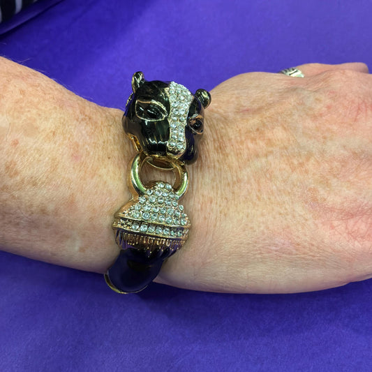 Vintage 1980s Statement Crystal Big Cat Panther Bangle, Gold Tone with Black Enamel and SIlver Rhinestones