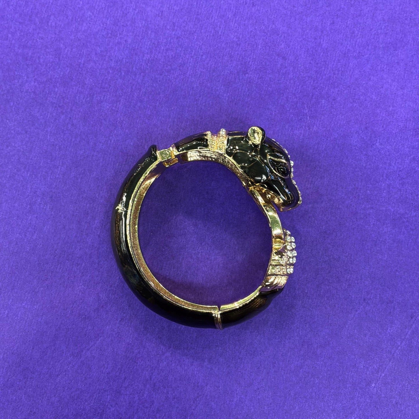 Vintage 1980s Statement Crystal Big Cat Panther Bangle, Gold Tone with Black Enamel and SIlver Rhinestones