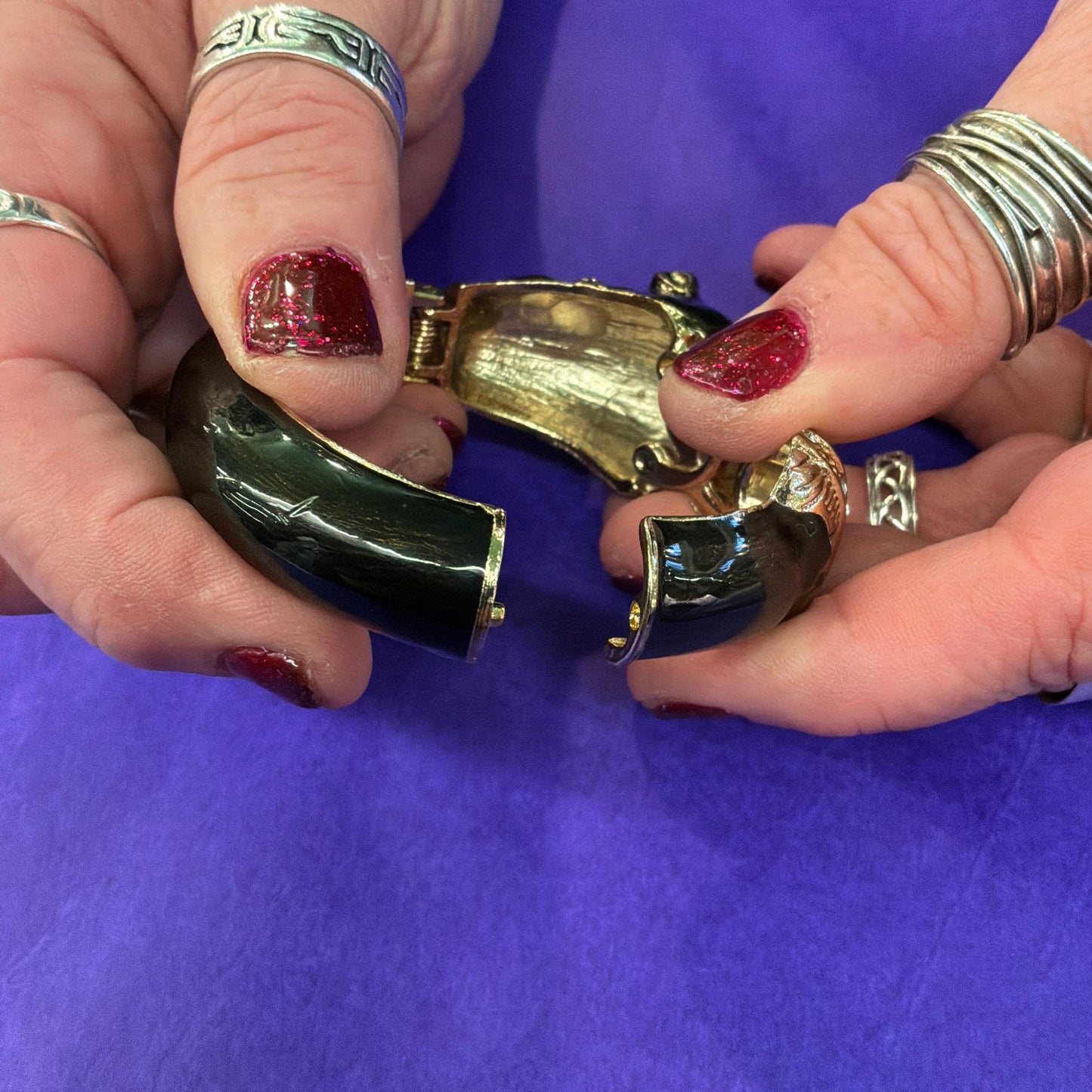 Vintage 1980s Statement Crystal Big Cat Panther Bangle, Gold Tone with Black Enamel and SIlver Rhinestones