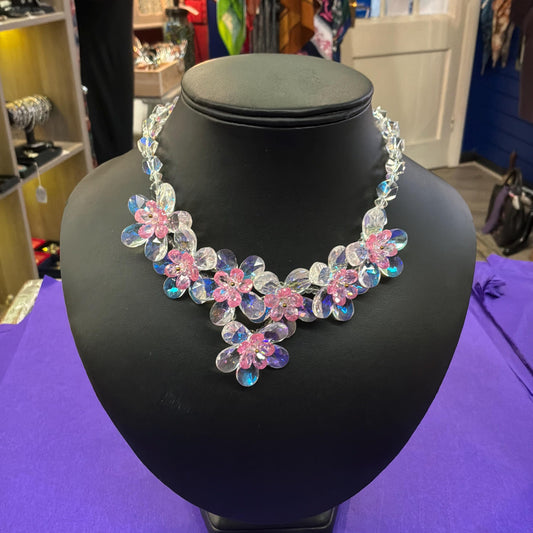 Vintage Butler and Wilson Pale Pink Flower Garland Crystal Necklace, Sparkling Borealis Crystal Beads