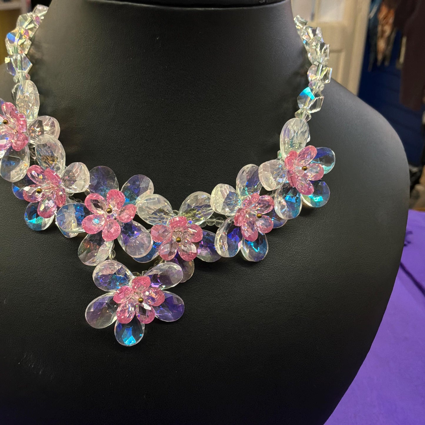 Vintage Butler and Wilson Pale Pink Flower Garland Crystal Necklace, Sparkling Borealis Crystal Beads