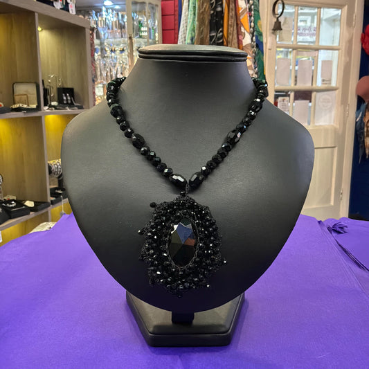 Vintage Butler and Wilson Victorian Style Black Crystal Beaded and Crochet Statement Necklace, Gothic Glamour