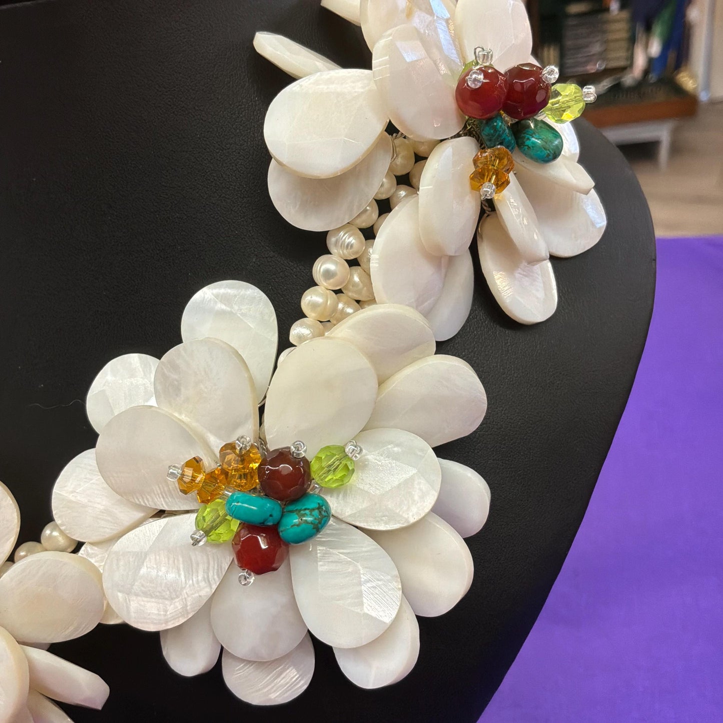 Vintage Butler and Wilson Statement Fresh Water Pearl and Mother of Pearl Floral Necklace