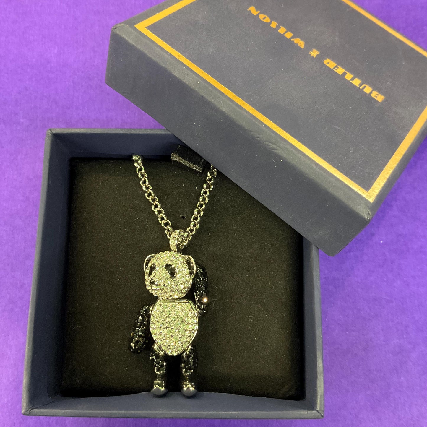 Vintage Butler and Wilson Panda Crystal Pendant, Fully Articulated with Silver and Black Rhinestones