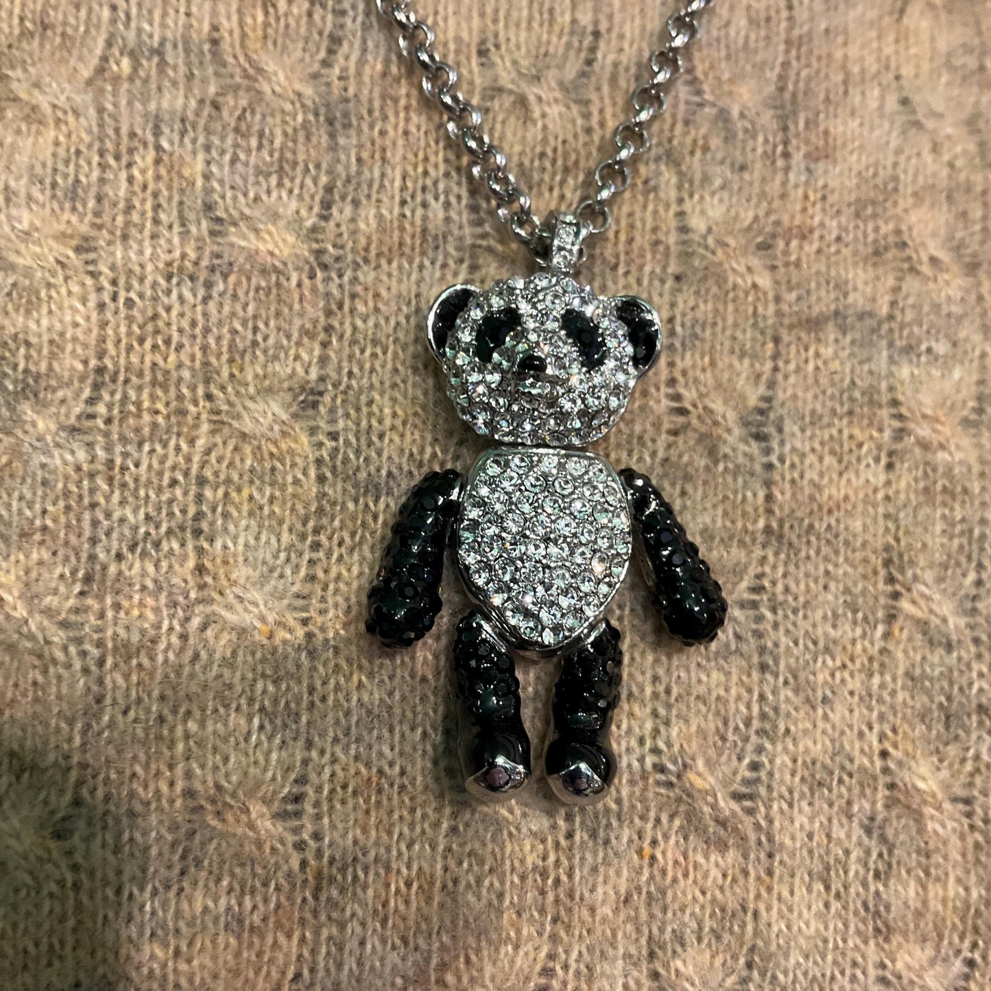 Vintage Butler and Wilson Panda Crystal Pendant, Fully Articulated with Silver and Black Rhinestones