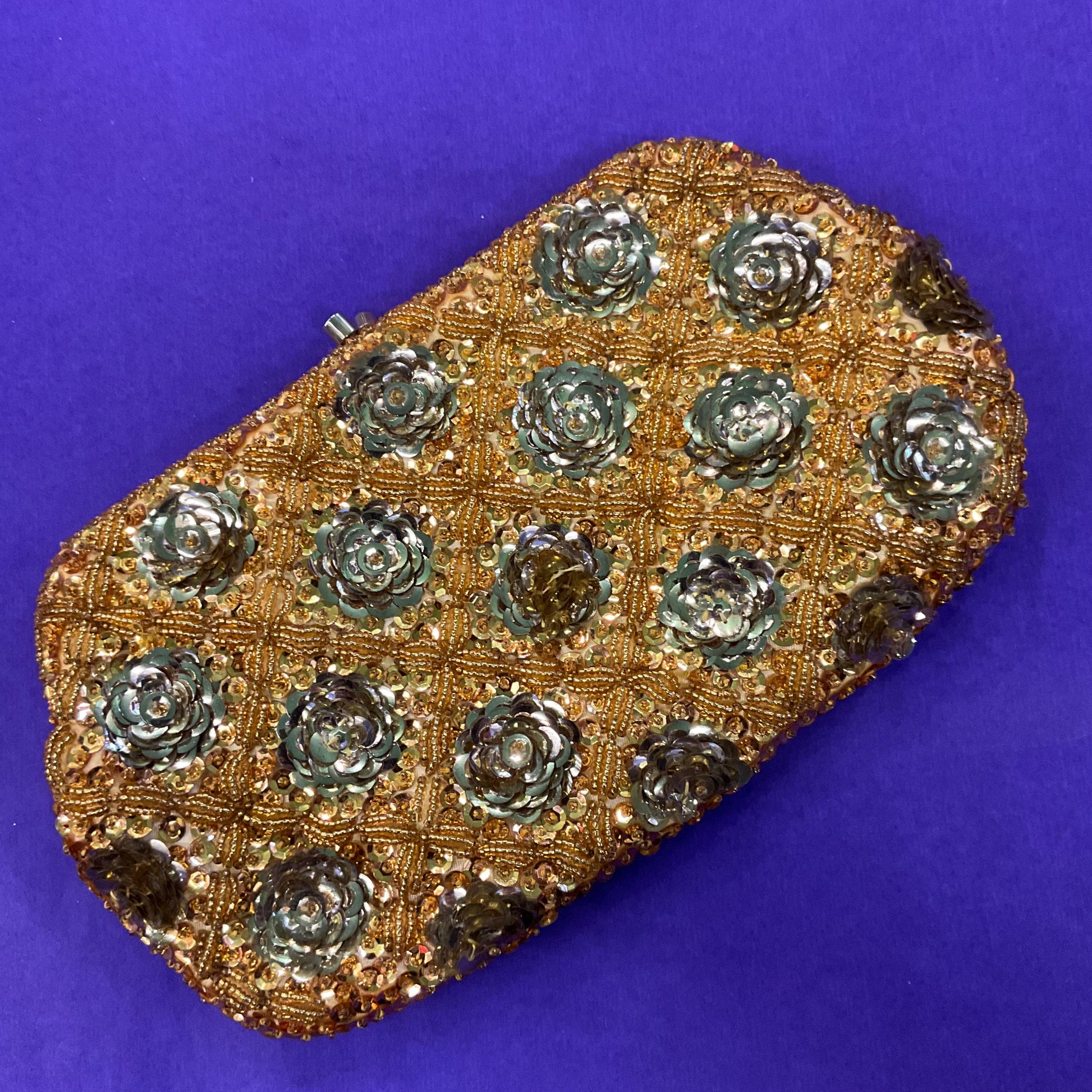 Vintage 1950s Handmade LE SOIR Evening Bag, Gold Beads and Sequinned Floral Clusters