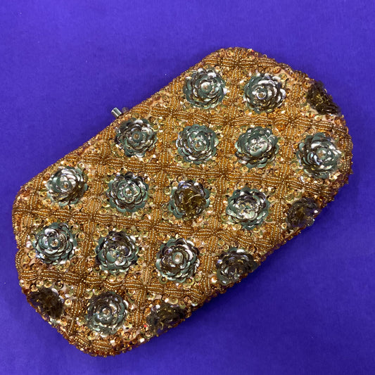 Vintage 1950s Handmade LE SOIR Evening Bag, Gold Beads and Sequinned Floral Clusters