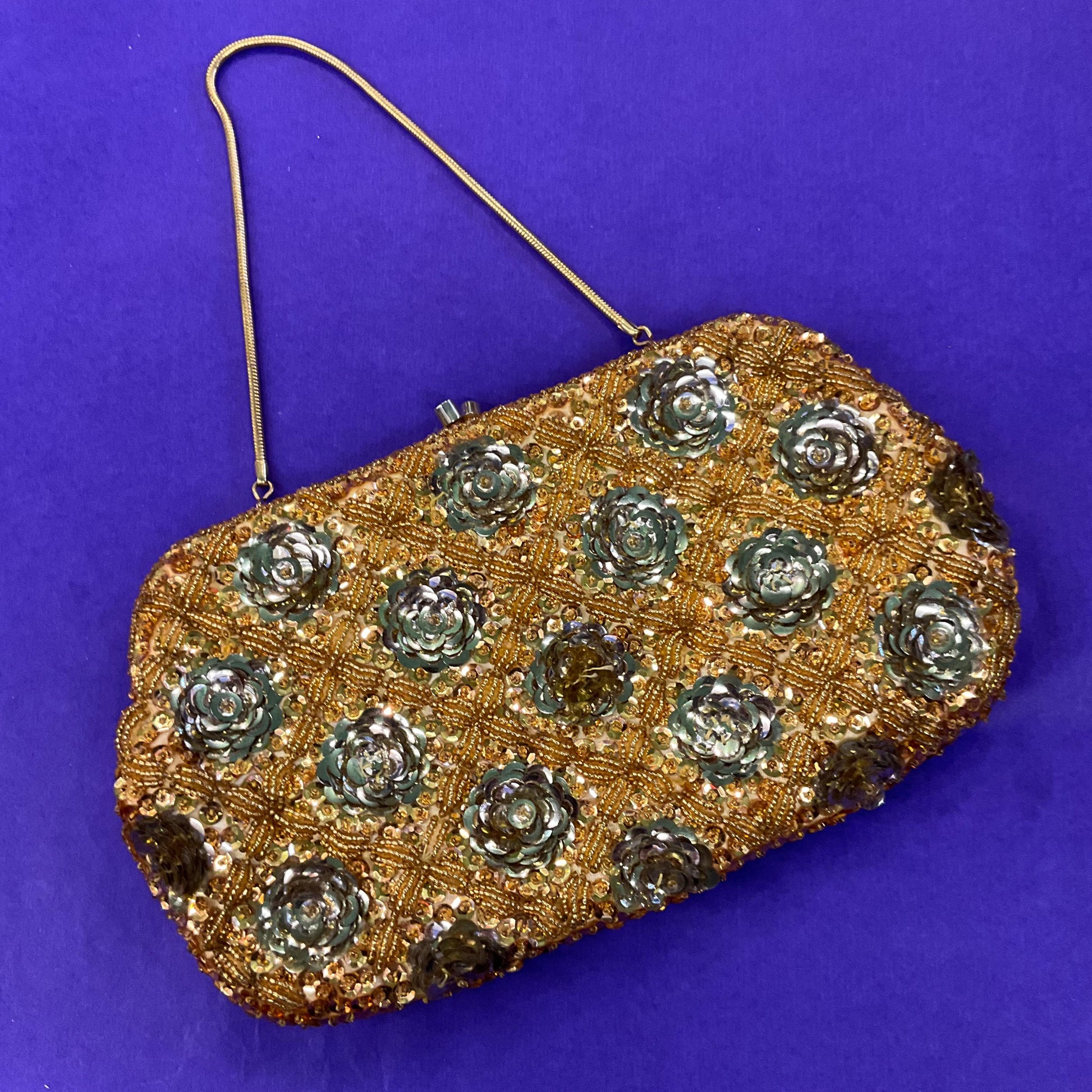 Vintage 1950s Handmade LE SOIR Evening Bag, Gold Beads and Sequinned Floral Clusters