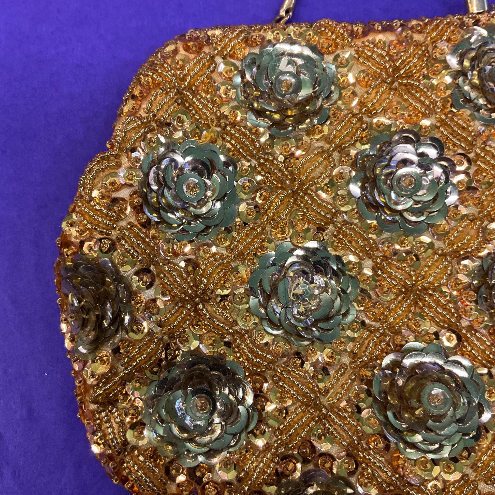 Vintage 1950s Handmade LE SOIR Evening Bag, Gold Beads and Sequinned Floral Clusters