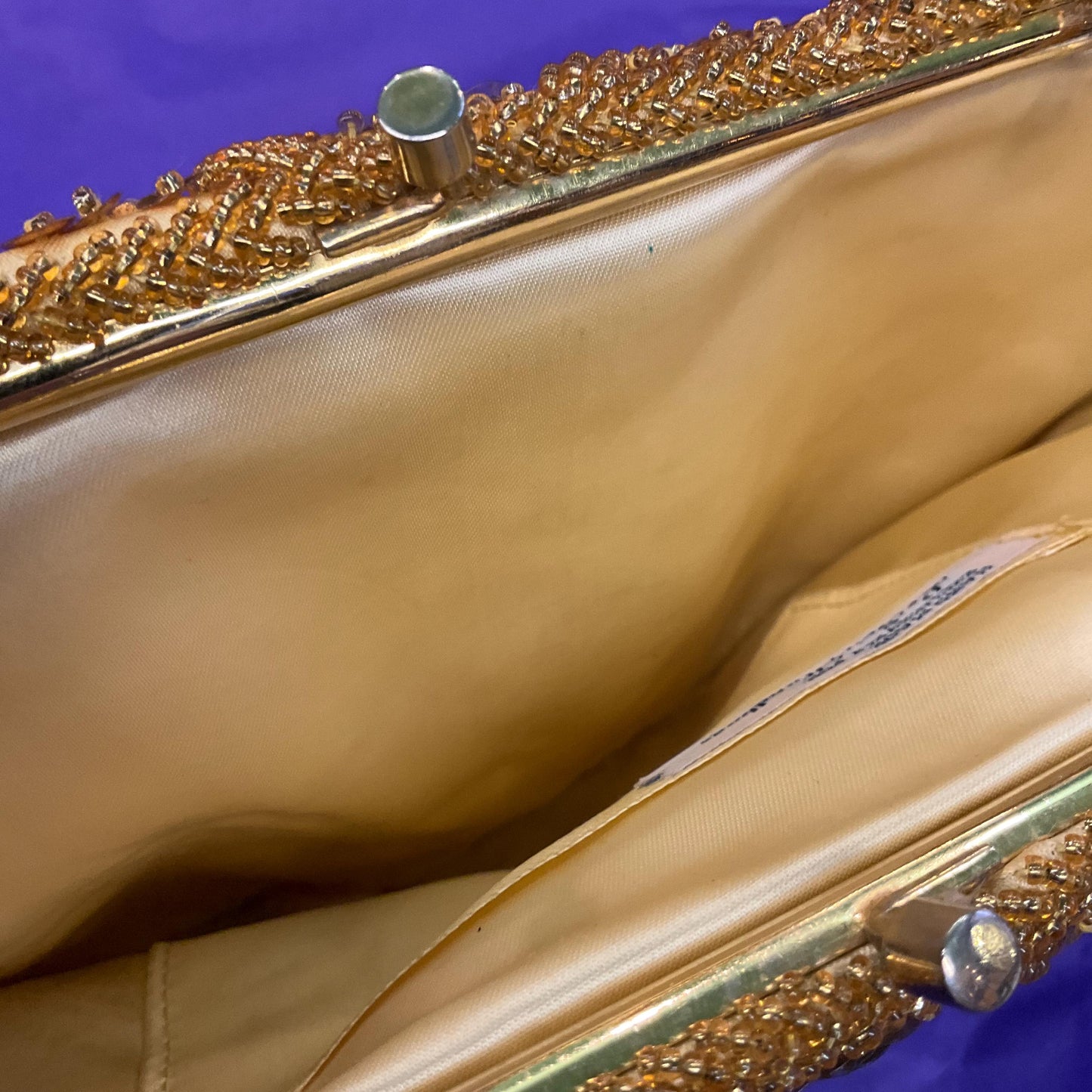 Vintage 1950s Handmade LE SOIR Evening Bag, Gold Beads and Sequinned Floral Clusters