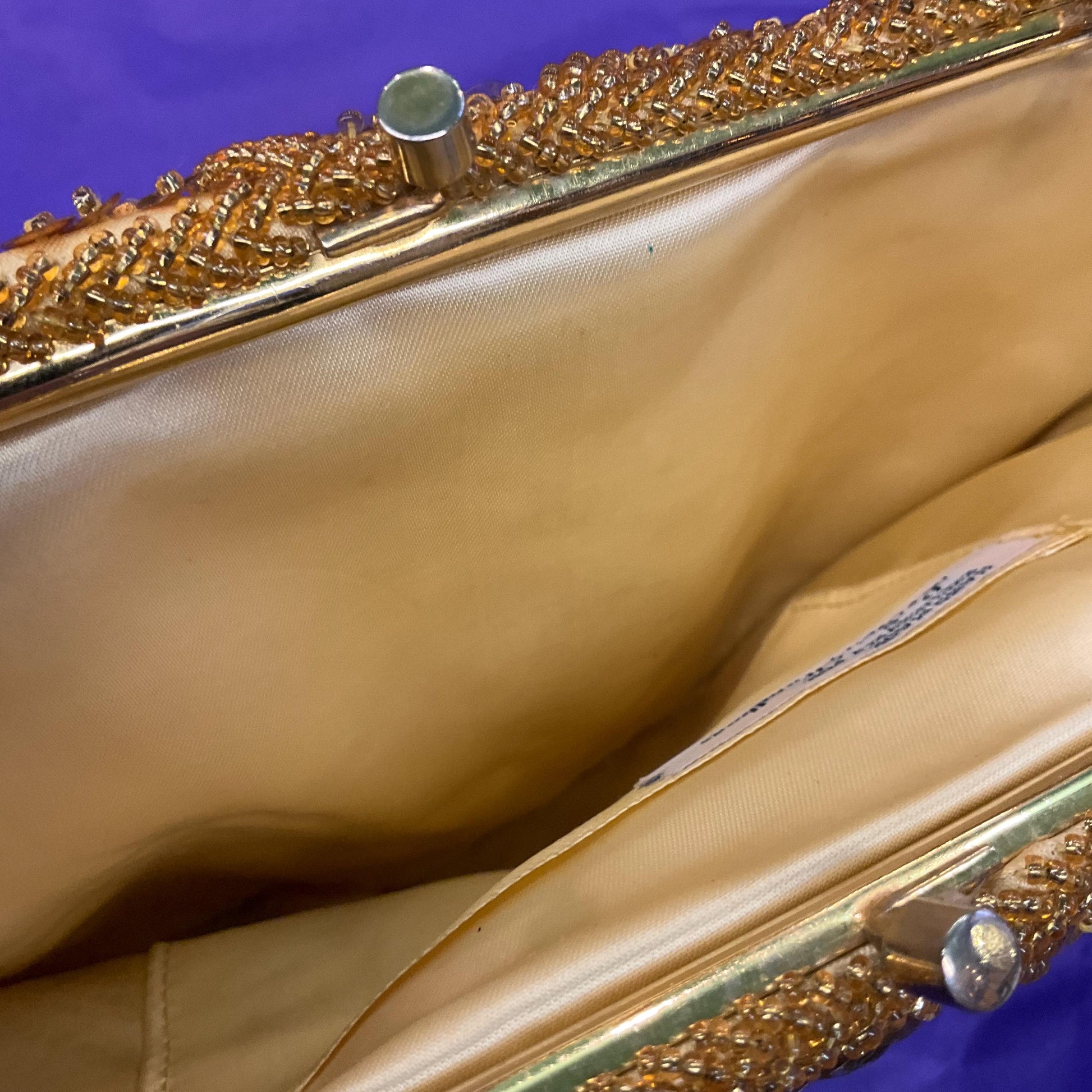 Vintage 1950s Handmade LE SOIR Evening Bag, Gold Beads and Sequinned Floral Clusters